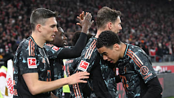 Bayern Munich players celebrating against Stuttgart.