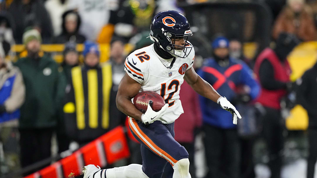 Dec 7, 2025; Green Bay, Wisconsin, USA;  Chicago Bears wide receiver Devin Duvernay (12) during the game against the Green Bay Packers at Lambeau Field. Mandatory Credit: Jeff Hanisch-Imagn Images