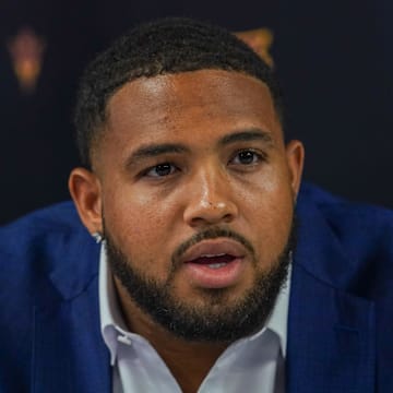 Jul 8, 2025; Frisco, TX, USA; Arizona State offensive lineman Ben Coleman answers questions from the media during 2025 Big 12 Football Media Days at The Star. Mandatory Credit: Raymond Carlin III-Imagn Images