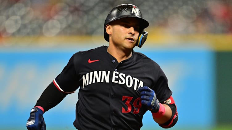 Sep 5, 2023; Cleveland, Ohio, USA; Minnesota Twins first baseman Donovan Solano (39) rounds the