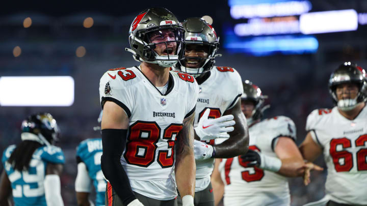 Aug 17, 2024; Jacksonville, Florida, USA; Tampa Bay Buccaneers wide receiver Cody Thompson (83) celebrate after scoring a touchdown against the Jacksonville Jaguars in the second quarter during a preseason game at EverBank Stadium. Mandatory Credit: Nathan Ray Seebeck-USA TODAY Sports