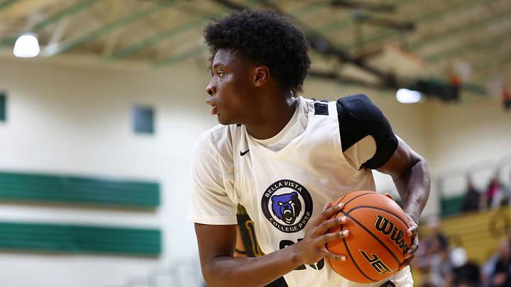 Jan 2, 2026; Mesa, AZ, USA; CIA Bella Vista (AZ) center Paul Osaruyi (25) against Oak Cliff Faith Family Academy (TX) during the HoopHall West Tournament at Skyline High School. Mandatory Credit: Mark J. Rebilas-Imagn Images