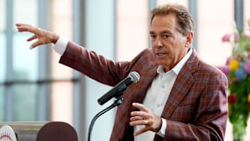 Aug. 5, 2025; Tuscaloosa, AL, USA; Nick Saban speaks during the Nick’s Kids Foundation Luncheon at Bryant-Denny Stadium.