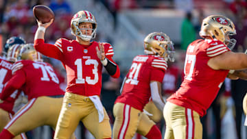 Dec 8, 2024; Santa Clara, California, USA; San Francisco 49ers quarterback Brock Purdy (13) throws a pass during the first quarter against the Chicago Bears at Levi's Stadium. Mandatory Credit: Bob Kupbens-Imagn Images