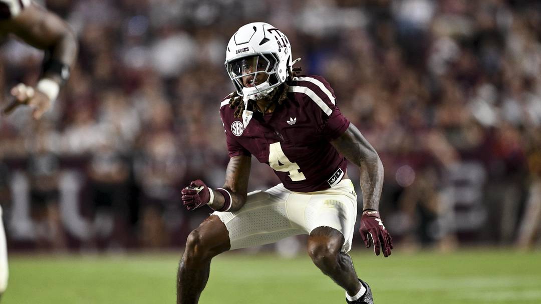 Oct 11, 2025; College Station, Texas, USA; Texas A&M Aggies cornerback Will Lee III (4) defends in coverage during the second half against the Florida Gators at Kyle Field. Mandatory Credit: Maria Lysaker-Imagn Images 