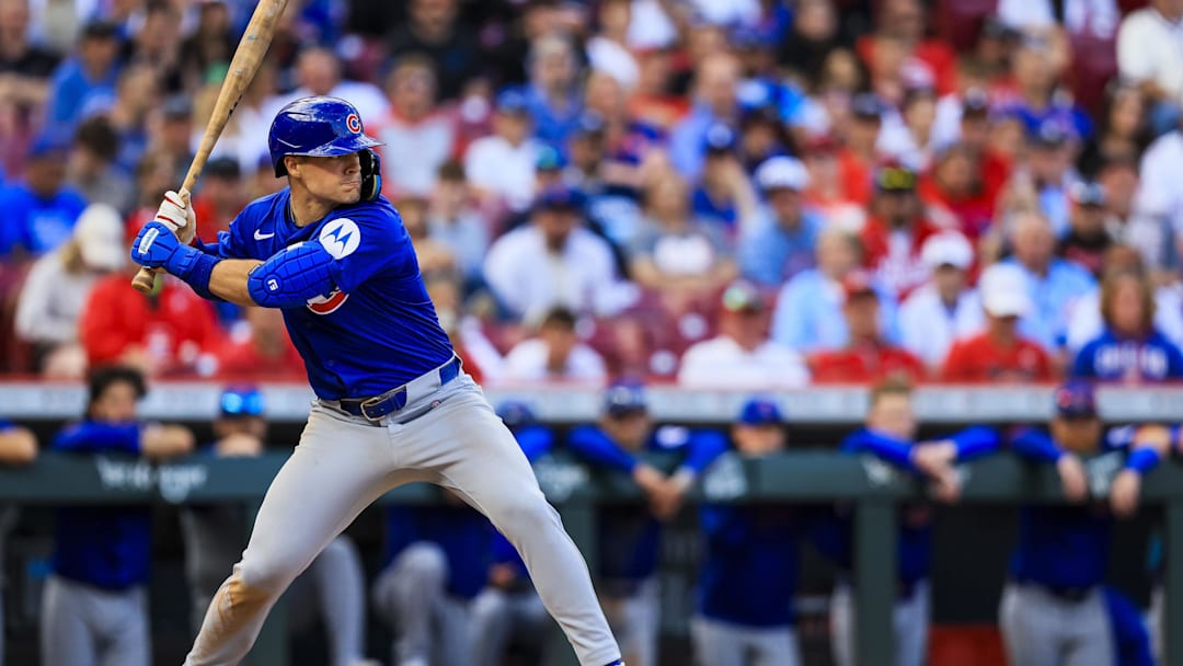 May 24, 2025; Cincinnati, Ohio, USA; Chicago Cubs third baseman Matt Shaw (6) at bat in the ninth inning against the Cincinnati Reds at Great American Ball Park. Mandatory Credit: Katie Stratman-Imagn Images
