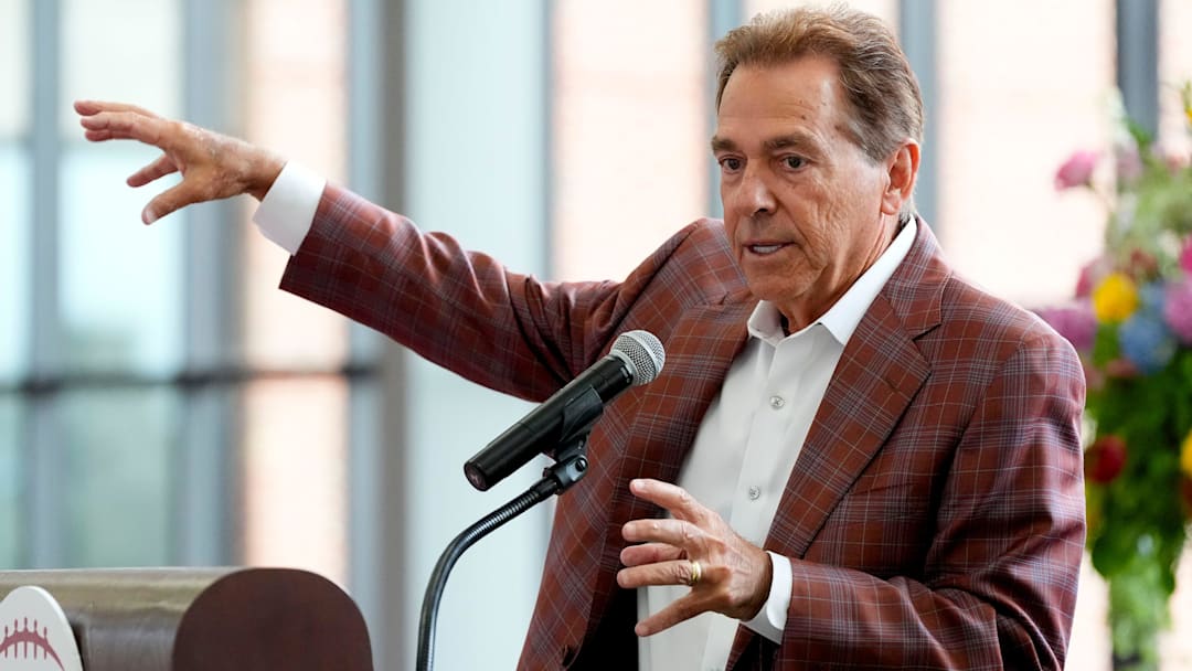 Aug. 5, 2025; Tuscaloosa, AL, USA; Nick Saban speaks during the Nick’s Kids Foundation Luncheon at Bryant-Denny Stadium.