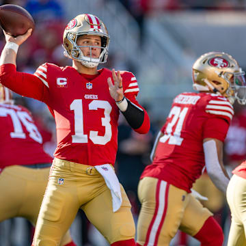 Dec 8, 2024; Santa Clara, California, USA; San Francisco 49ers quarterback Brock Purdy (13) throws a pass during the first quarter against the Chicago Bears at Levi's Stadium. Mandatory Credit: Bob Kupbens-Imagn Images