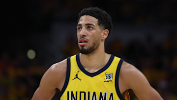 May 27, 2025; Indianapolis, Indiana, USA; Indiana Pacers guard Tyrese Haliburton (0) stands on court during the second quarter against the New York Knicks of game four of the eastern conference finals for the 2025 NBA Playoffs at Gainbridge Fieldhouse. Mandatory Credit: Trevor Ruszkowski-Imagn Images