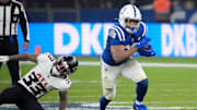 Nov 9, 2025; Berlin, Germany; Indianapolis Colts running back Jonathan Taylor (28) runs the ball against the Atlanta Falcons during the NFL Berlin Game at Olympic Stadium. 