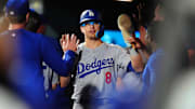 Los Angeles Dodgers first baseman Kike Hernandez celebrates scoring a run.