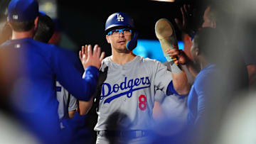 Los Angeles Dodgers first baseman Kike Hernandez celebrates scoring a run.