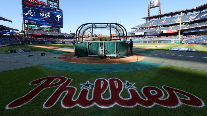 Oct 11, 2023; Philadelphia, Pennsylvania, USA; A view of the Phillies logo painted on the field before game three of the NLDS for the 2023 MLB playoffs between the Philadelphia Phillies and the Atlanta Braves at Citizens Bank Park. 