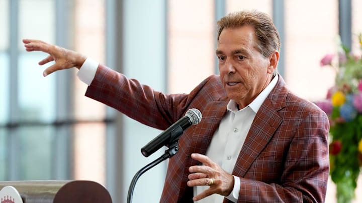 Aug. 5, 2025; Tuscaloosa, AL, USA; Nick Saban speaks during the Nick’s Kids Foundation Luncheon at Bryant-Denny Stadium.