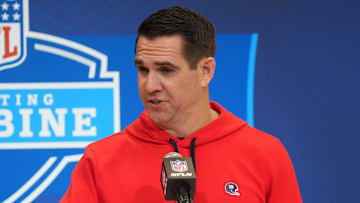 Feb 25, 2025; Indianapolis, IN, USA; New York Giants general manager Joe Schoen sspeaks during the NFL Scouting Combine at the Indiana Convention Center. Mandatory Credit: Kirby Lee-Imagn Images