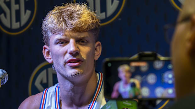 Florida Gators forward Thomas Haugh talks with the media 