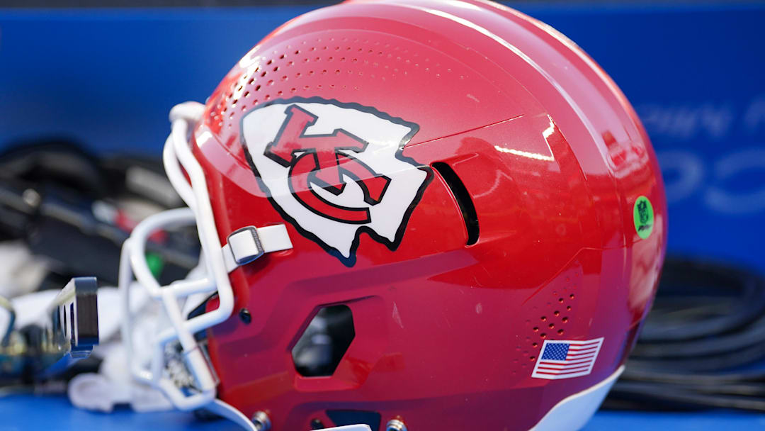 Sep 28, 2025; Kansas City, Missouri, USA; A general view of a Kansas City Chiefs helmet against the Baltimore Ravens after the game at GEHA Field at Arrowhead Stadium. Mandatory Credit: Denny Medley-Imagn Images