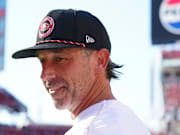 Sep 9, 2024; Santa Clara, California, USA;  San Francisco 49ers head coach Kyle Shanahan chats with a reporter before a game against the New York Jets at Levi's Stadium.