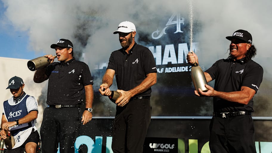 The 4Aces (Pat Perez, Dustin Johnson, Peter Uihlein) celebrate their win in the team competition at LIV Golf Adelaide 2023.