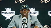 Jul 9, 2025; Frisco, TX, USA; Colorado head coach Deion Sanders speaks with the media during 2025 Big 12 Football Media Days at The Star. 