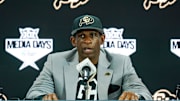 Jul 9, 2025; Frisco, TX, USA; Colorado head coach Deion Sanders speaks with the media during 2025 Big 12 Football Media Days at The Star. Mandatory Credit: Raymond Carlin III-Imagn Images