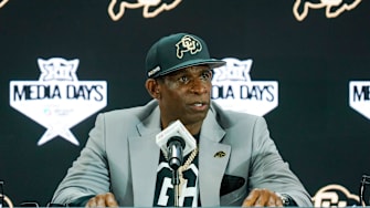 Jul 9, 2025; Frisco, TX, USA; Colorado head coach Deion Sanders speaks with the media during 2025 Big 12 Football Media Days at The Star. Mandatory Credit: Raymond Carlin III-Imagn Images