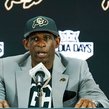Jul 9, 2025; Frisco, TX, USA; Colorado head coach Deion Sanders speaks with the media during 2025 Big 12 Football Media Days at The Star. 