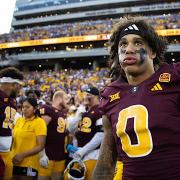 Nov 23, 2024; Tempe, Arizona, USA; Arizona State Sun Devils wide receiver Jordyn Tyson (0) against the Brigham Young Cougars at Mountain America Stadium. Mandatory Credit: Mark J. Rebilas-Imagn Images
