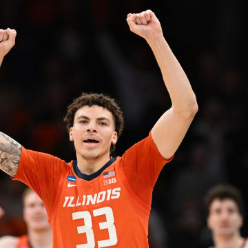 Mar 28, 2024; Boston, MA, USA; Illinois Fighting Illini forward Coleman Hawkins (33) reacts against the Iowa State Cyclones in the semifinals of the East Regional of the 2024 NCAA Tournament at TD Garden. Mandatory Credit: Brian Fluharty-USA TODAY Sports