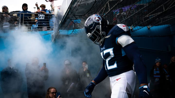 Tennessee Titans running back Derrick Henry (22) takes the field for possibly his last game with the Titans before their game against the Jacksonville Jaguars at Nissan Stadium in Nashville, Tenn., Sunday, Jan. 7, 2024. Henry's contract expired after the 28-20 win over the Jaguars.