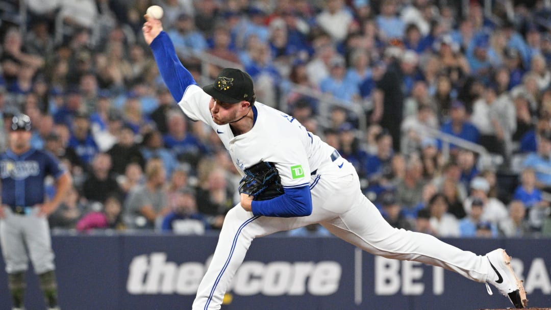 May 17, 2024; Toronto, Ontario, CAN;  Toronto Blue Jays relief pitcher Nate Pearson (24) delivers a pitch against the Tampa Bay Rays in the ninth inning at Rogers Centre. Mandatory Credit: Dan Hamilton-USA TODAY Sports