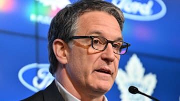 May 21, 2024; Toronto, Ontario, CANADA;  Toronto Maple Leafs president Brendan Shanahan speaks during a media conference to introduce new head coach Craig Berube (not shown) at Ford Performance Centre. Mandatory Credit: Dan Hamilton-Imagn Images