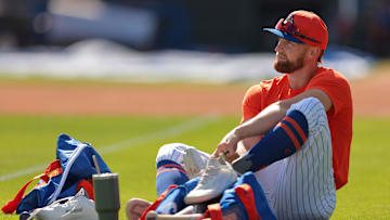 New York Mets left fielder Brandon Nimmo (9) looks on during a spring training workout at Clover Park. Mandatory Credit: Sam Navarro-Imagn Images