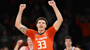 Mar 28, 2024; Boston, MA, USA; Illinois Fighting Illini forward Coleman Hawkins (33) reacts against the Iowa State Cyclones in the semifinals of the East Regional of the 2024 NCAA Tournament at TD Garden. Mandatory Credit: Brian Fluharty-Imagn Images