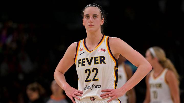 May 13, 2026; Los Angeles, California, USA; Indiana Fever guard Caitlin Clark (22) looks on in the second half against the Los Angeles Sparks at Crypto.com Arena. Mandatory Credit: Jayne Kamin-Oncea-Imagn Images