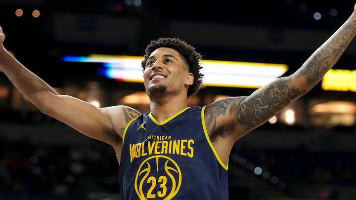 Michigan Wolverines forward Yaxel Lendeborg (23) reacts during practice ahead of a Final Four game on Friday, April 3, 2026, at Lucas Oil Stadium in Indianapolis.