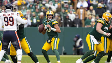 Jan 5, 2025; Green Bay, Wisconsin, USA;  Green Bay Packers quarterback Jordan Love (10) drops back to pass during the first quarter against the Chicago Bears at Lambeau Field. Mandatory Credit: Jeff Hanisch-Imagn Images