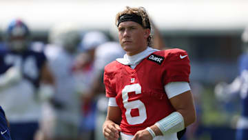 Aug 4, 2025; East Rutherford, NJ, USA; New York Giants quarterback Jaxson Dart (6) on the field during training camp at Quest Diagnostics Training Center. Mandatory Credit: Vincent Carchietta-Imagn Images