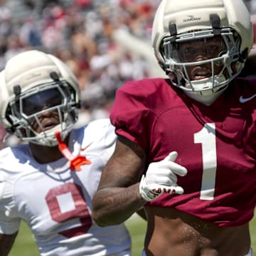 Apr 12, 2025; Tuscaloosa, AL, USA; Alabama wide receiver Isaiah Horton (1) can’t catch up to an overthrown ball as he is defended by Alabama defensive back Cam Calhoun (9) during A-Day at Bryant-Denny Stadium. Mandatory Credit: Gary Cosby/USA TODAY NETWORK via Imagn Images