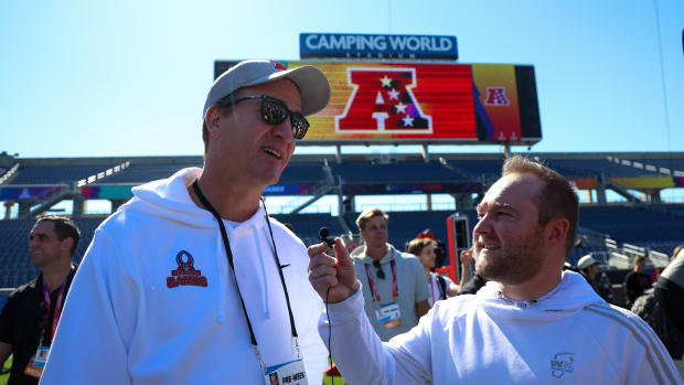 Feb 2, 2024; Orlando, FL, USA;  AFC Head coach Payton Manning participates in the Pro Bowl practice and media day at Camping 