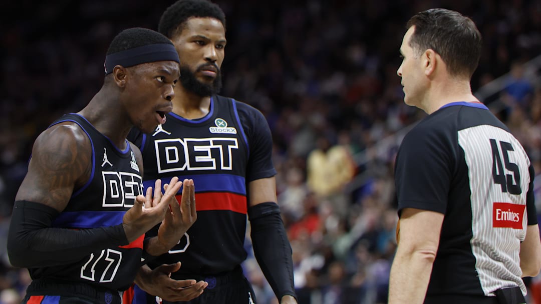 Mar 15, 2025; Detroit, Michigan, USA;  Detroit Pistons guard Dennis Schroder (17) reacts to being called for a foul in the second half against the Oklahoma City Thunder at Little Caesars Arena. Mandatory Credit: Rick Osentoski-Imagn Images
