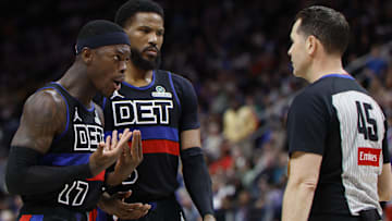Mar 15, 2025; Detroit, Michigan, USA;  Detroit Pistons guard Dennis Schroder (17) reacts to being called for a foul in the second half against the Oklahoma City Thunder at Little Caesars Arena. Mandatory Credit: Rick Osentoski-Imagn Images