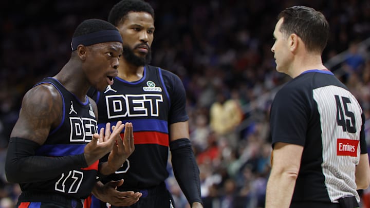 Mar 15, 2025; Detroit, Michigan, USA;  Detroit Pistons guard Dennis Schroder (17) reacts to being called for a foul in the second half against the Oklahoma City Thunder at Little Caesars Arena. Mandatory Credit: Rick Osentoski-Imagn Images