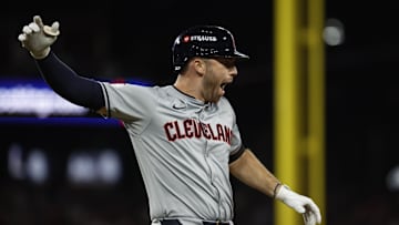 Oct 10, 2024; Detroit, Michigan, USA; Cleveland Guardians first base David Fry (6) celebrates after hitting a two run home run in the seventh inning against the Detroit Tigers during game four of the ALDS for the 2024 MLB Playoffs at Comerica Park. Mandatory Credit: Rick Osentoski-Imagn Images
