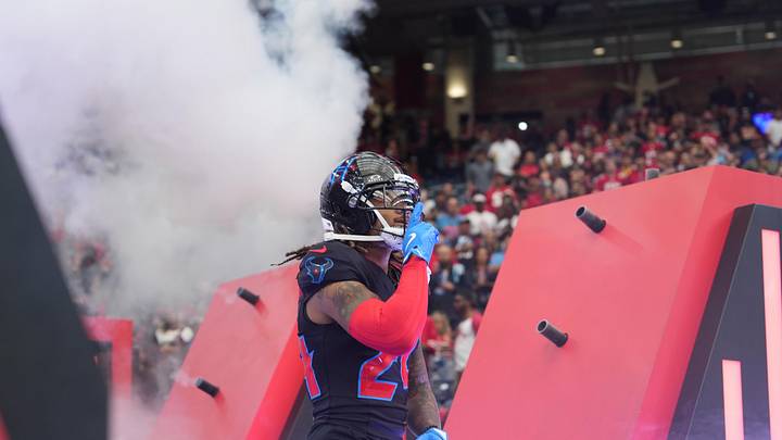 Oct 26, 2025; Houston, Texas, USA; Houston Texans cornerback Derek Stingley Jr. (24) runs out for player introductions prior to a game against the San Francisco 49ers  at NRG Stadium. Mandatory Credit: Sean Thomas-Imagn Images