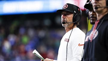 Oct 10, 2024; Seattle, Washington, USA; San Francisco 49ers head coach Kyle Shanahan stands on the sideline during the fourth quarter against the Seattle Seahawks at Lumen Field.
