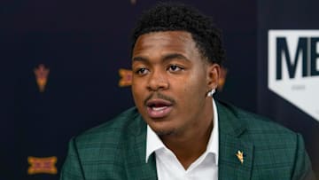 Jul 8, 2025; Frisco, TX, USA; Arizona State defensive lineman C.J. Fite answers questions from the media during 2025 Big 12 Football Media Days at The Star. Mandatory Credit: Raymond Carlin III-Imagn Images