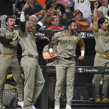 Jul 26, 2024; Baltimore, Maryland, USA;  San Diego Padres celebrate outfielder Jurickson Profar (not pictured) ninth inning two run home run against the Baltimore Orioles at Oriole Park at Camden Yards. Mandatory Credit: Tommy Gilligan-USA TODAY Sports