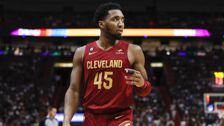 Mar 8, 2023; Miami, Florida, USA; Cleveland Cavaliers guard Donovan Mitchell (45) during the fourth quarter against the Miami Heat at Miami-Dade Arena. Mandatory Credit: Sam Navarro-Imagn Images