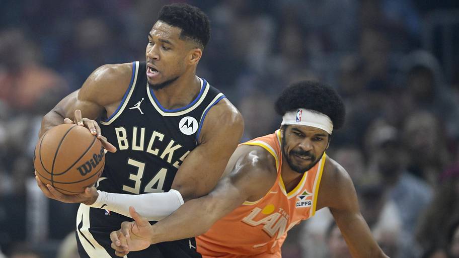 Cleveland Cavaliers center Jarrett Allen defends Milwaukee Bucks forward Giannis Antetokounmpo.